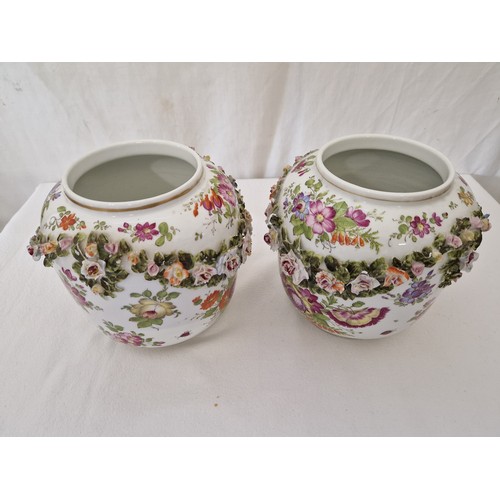 38 - Pair of Meissen jardinière hand painted floral baluster jars with relief swags