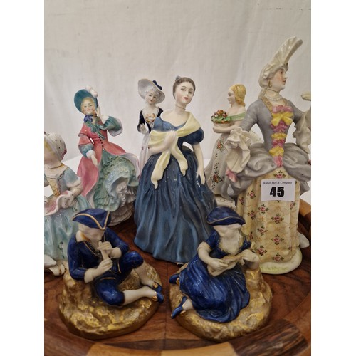 45 - Collection of 8 various lady and musical figurines incl. Royal Worcester 547, Royal Doulton Spring M... 