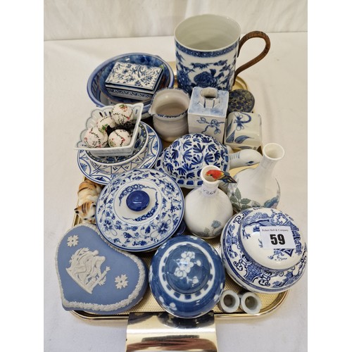 59 - Various blue & white ware incl. cane handled jar, jasperware, covered jar etc