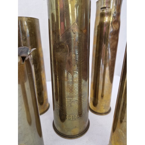 105 - Collection of seven various WWI and other shell cases, incl. two with trench art