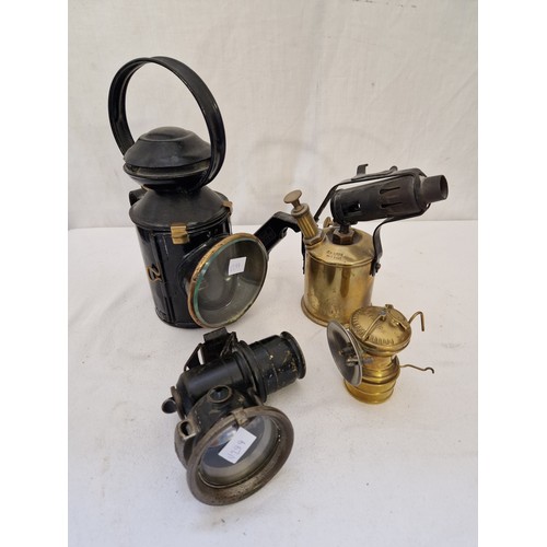 106 - Vintage brass railway lamps, carbide lamp and brass blow torch