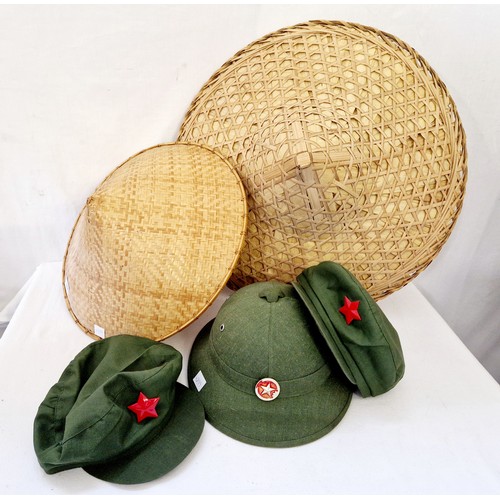 137 - Five various cane and cloth Vietnamese hats and NVA/Vietcong caps and pith helmet