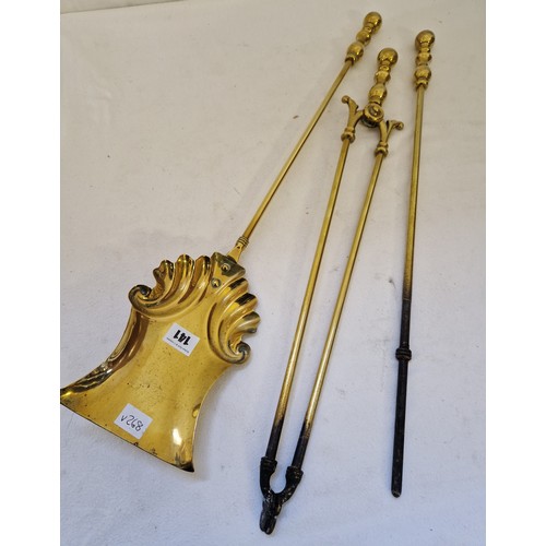 141 - Three piece brass fireside companion set