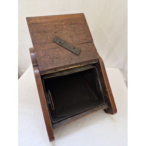 158 - Edwardian mahogany coal box with floral motif lid and tin liner