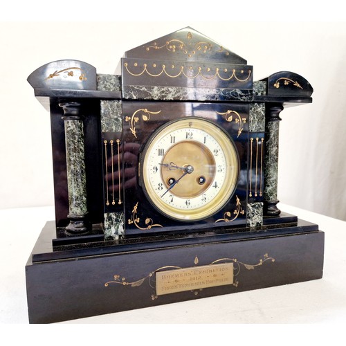 181 - French black slate mantel clock, with marble decorative inserts and brass presentation plaque