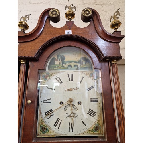 182 - Mahogany and oak long case clock, the hood with swan neck pediment and finials enclosing a painted d... 