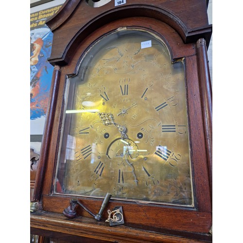 184 - Oak long case clock with brass dial, swan neck pediment and eight-day movement (omissions and damage... 