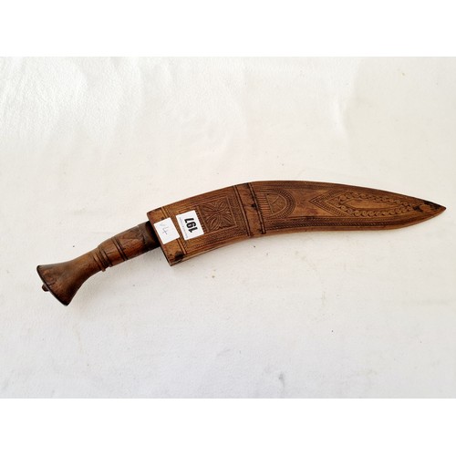 197 - Kukri knife in carved wooden sheath (no small knife)