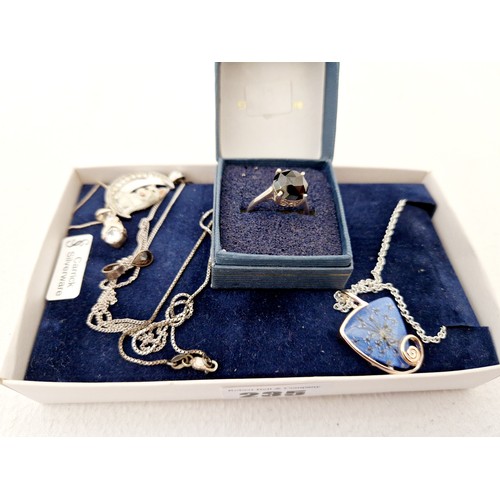 235 - Ladies sterling silver solitaire ring and three pendant necklaces