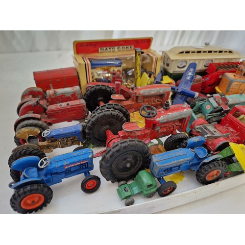 244 - Quantity of playworn Matchbox, Lone Star, Dinky, Corgi, Charbens, tractors etc