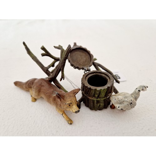 246 - Vintage cold painted bronze ink well in the form of fox, goose and barrel