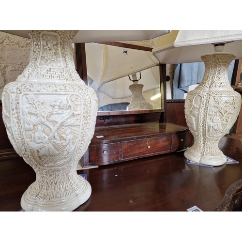 271 - Pair of ornate plaster table lamps and shades