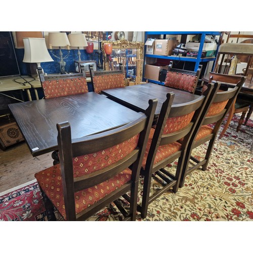 319 - Old Charm dark oak dining suite comprising rectangular extending refectory table and set of six Farn... 