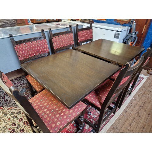 319 - Old Charm dark oak dining suite comprising rectangular extending refectory table and set of six Farn... 