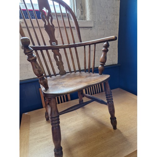 329 - 19th century yew and elm pierced and splat back Windsor chair with turned legs and stretchers