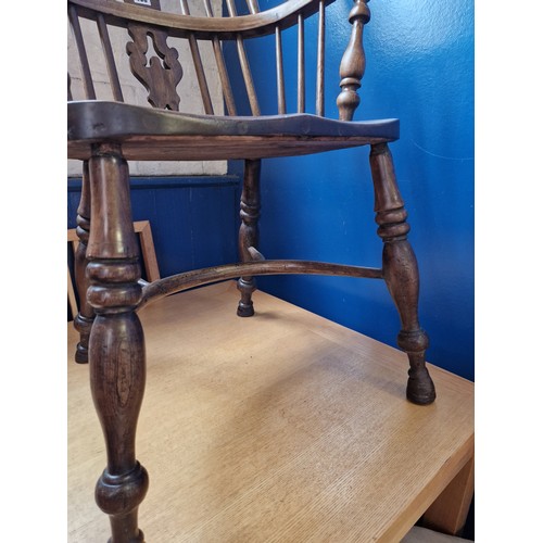 330 - 19th century yew and elm pierced and spindle back chair with crinoline stretcher and turned baluster... 