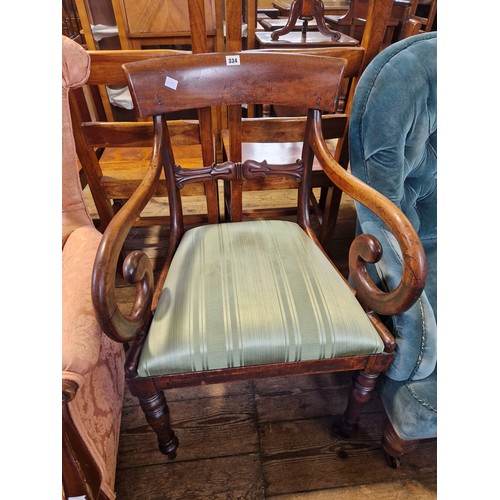 334 - Victorian mahogany carved bar splat back elbow chair with scrolling arms and upholstered seat