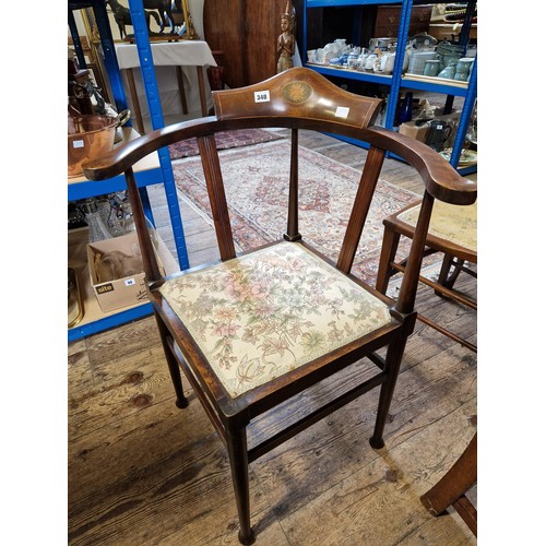 340 - Victorian mahogany framed corner chair with box stringing and upholstered seat on turned legs