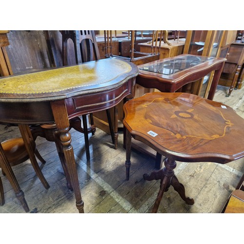 346 - Two reproduction tables; demi-lune and pie crust, plus a glass topped two-tier occasional table