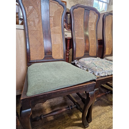 359 - Set of four mahogany framed rattan panel back dining chairs with turned stretchers on cabriole front... 