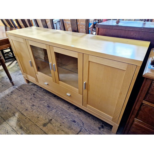 369 - Modern beech effect side cabinet with part glazed cupboards and drawers