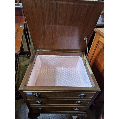 388 - Early 20th century walnut workbox with dummy draw front, silk interior on carved cabriole legs