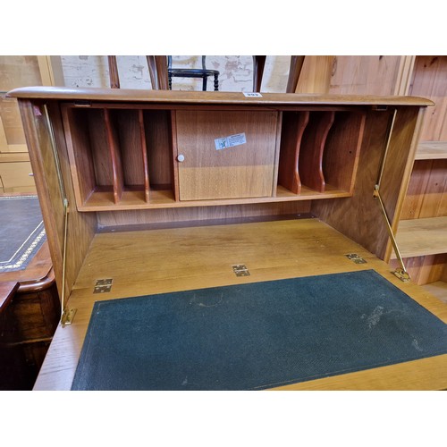 393 - Mid-century oak side cabinet with fall front and drawer, and cupboard below