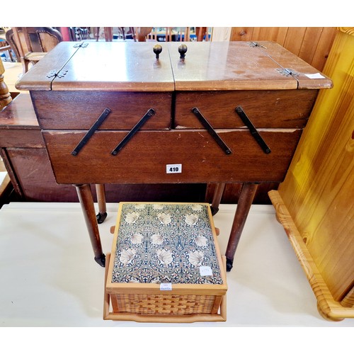 410 - Mahogany and modern wicker workboxes with contents