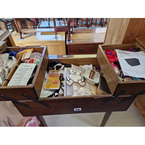 410 - Mahogany and modern wicker workboxes with contents