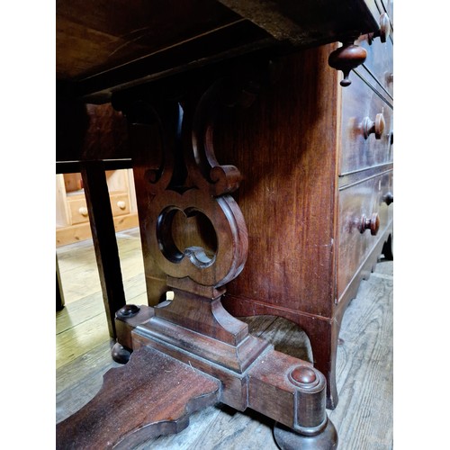 416 - Victorian mahogany rectangular side table with two frieze drawers on pierced and scrolling supports ... 