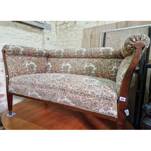 453 - Edwardian mahogany framed upholstered two-seater settee with inlay and castors