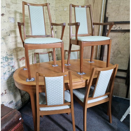 452 - Nathan vintage teak dining set comprising 6 (4+2) upholstered dining chairs and a d-ended extending ... 