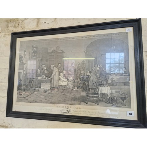 13 - Black & white print of an engraving 'The Rent Day' by Wilkie