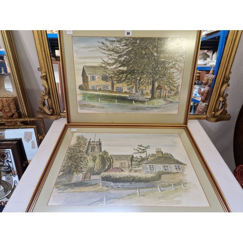 30 - Two William Guest watercolours of street scenes and an acrylic still life