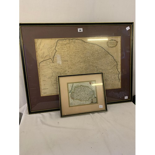 34 - Robert Morden coloured map of Norfolk approx. 58cm x 37cm and a small coloured new map of Norfolk