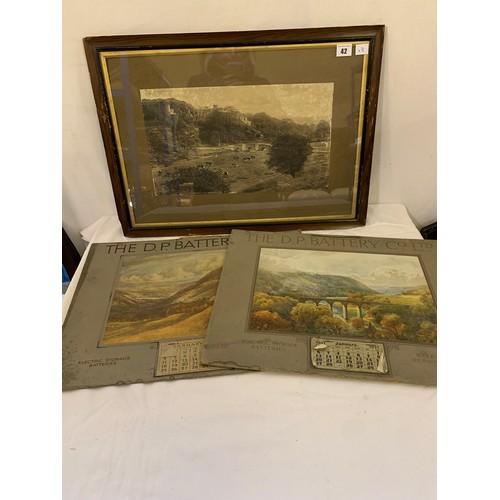 42 - Two vintage publicity calendars for the D.P. Battery Company Ltd Bakewell 1927 & 1931 and a framed p... 