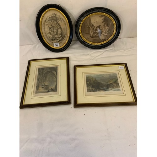 51 - Two oval ebony and gilt framed theatrical and child prints, and two coloured prints of Durham