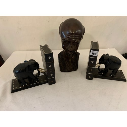 153 - Pair of Ebonised wooden elephant bookends and carved bust