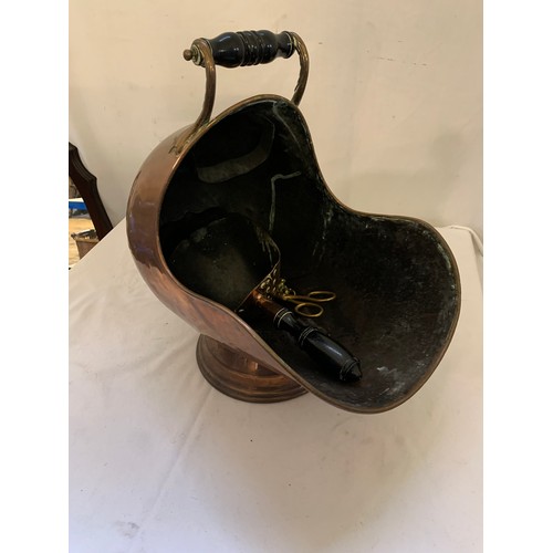 144 - Copper coal hod shovel, tongs etc