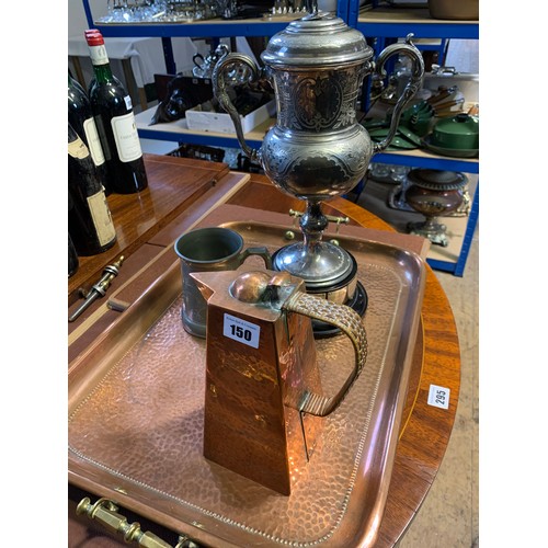 150 - Arts and Crafts hammered jug with cane handle, hammered copper tray, pewter two handled trophy cup w... 
