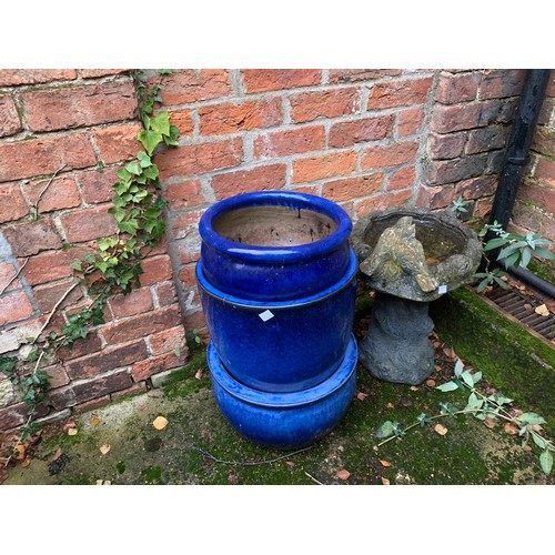 404 - 3 various blue glazed terracotta planters and a bird bath