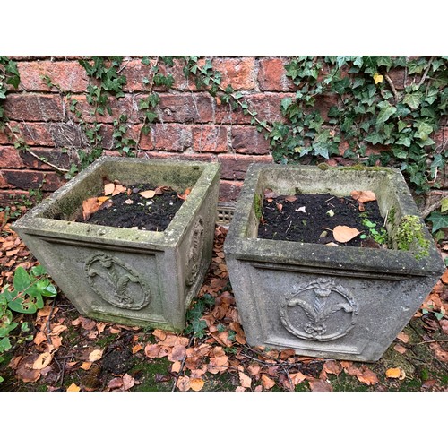 402 - Pair of simulated stone square planters with fleur de lys panels