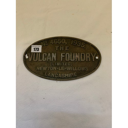 173 - Brass oval plaque The Vulcan Foundry, Newton Le Willows, Lancashire NO 4650 1935