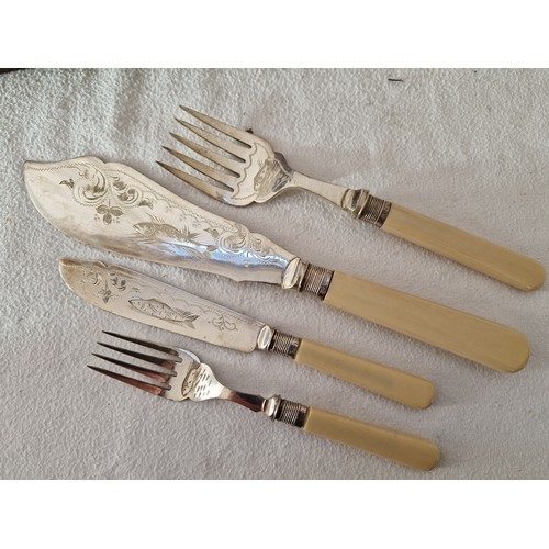 136 - Oak canteen of Sheffield 1899 silver collared, bone handled 6 place fish serve and 6 place hors d’oe... 