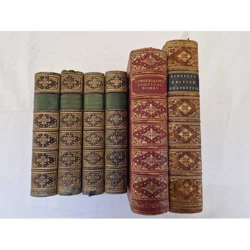 25 - Six calf bound volumes incl. Memoirs of Bingley's British Quadrupeds 1809, Longfellow's Poetical Wor... 