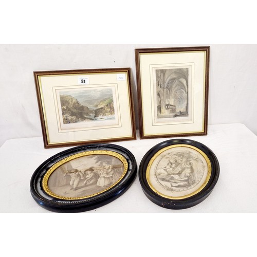 31 - Two oval ebony and gilt framed theatrical and child prints, and two coloured prints of Durham