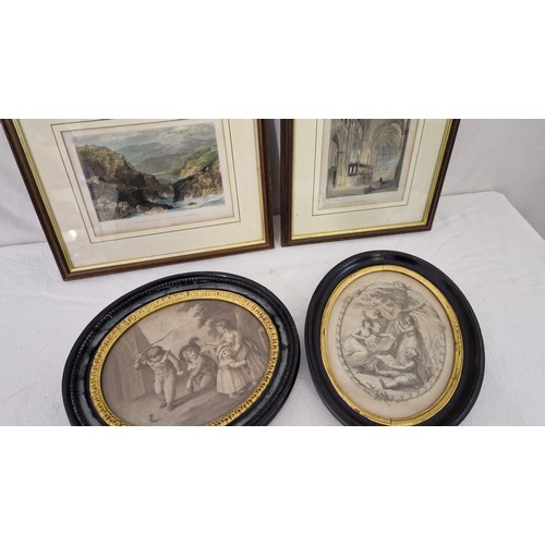 31 - Two oval ebony and gilt framed theatrical and child prints, and two coloured prints of Durham