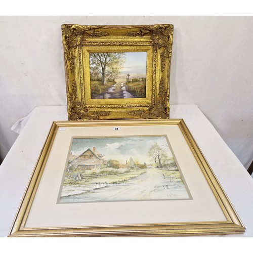 34 - Two local artists works; watercolour of a village lane by Ken Burton signed KW Burton lower right, a... 