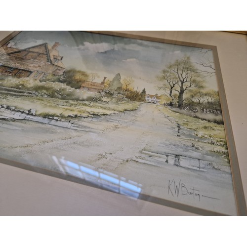 34 - Two local artists works; watercolour of a village lane by Ken Burton signed KW Burton lower right, a... 