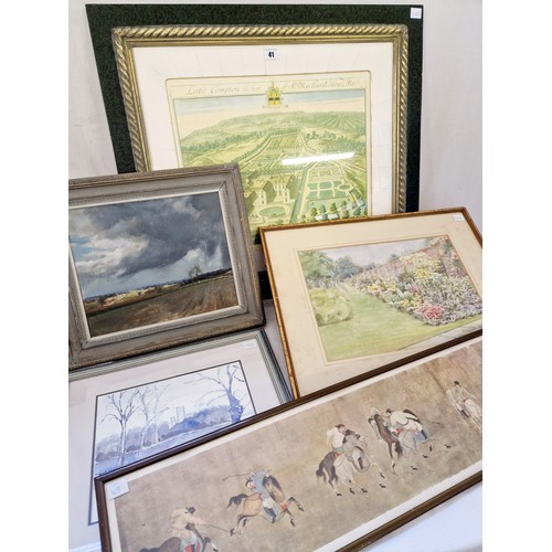 41 - Five various prints and originals incl. oil on board of a landscape, watercolour of a walled garden,... 